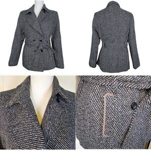 Vintage British Khaki Tweed Wool Blend Double Breasted Belted Jacket Size S